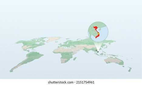 World map in perspective showing the location of the country Vietnam with detailed map with flag of Vietnam. Vector illustration.