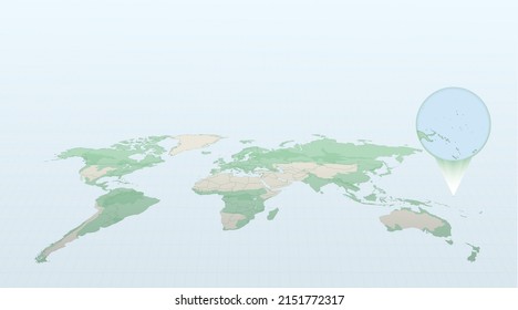 World map in perspective showing the location of the country Nauru with detailed map with flag of Nauru. Vector illustration.