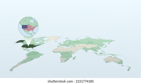 World Map In Perspective Showing The Location Of The Country USA With Detailed Map With Flag Of USA. Vector Illustration.