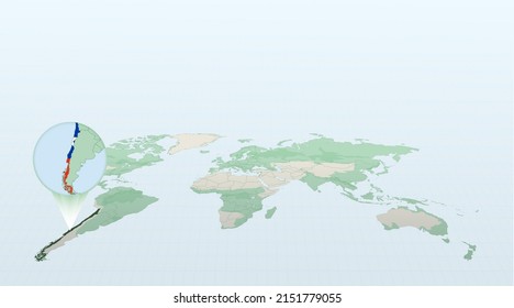World map in perspective showing the location of the country Chile with detailed map with flag of Chile. Vector illustration.