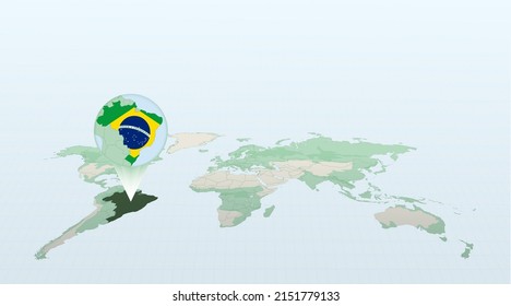 Mapa mundial en perspectiva que muestra la ubicación del país Brasil con mapa detallado con bandera de Brasil. Ilustración vectorial.