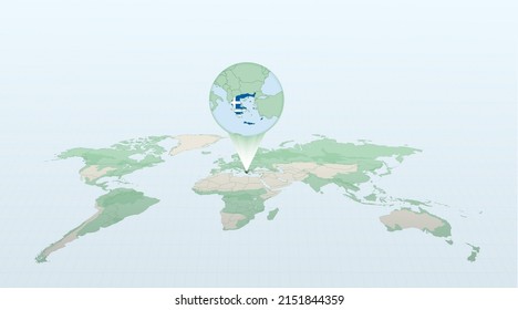 Mapa mundial en perspectiva que muestra la ubicación del país Grecia con un mapa detallado con bandera de Grecia. Ilustración vectorial.