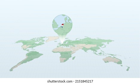 Weltkarte im Hinblick auf die Lage des Landes Niederlande mit detaillierter Karte mit Flagge der Niederlande. Vektorgrafik.