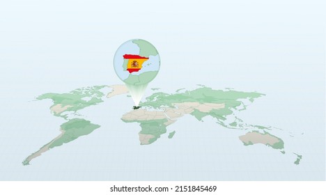 World map in perspective showing the location of the country Spain with detailed map with flag of Spain. Vector illustration.