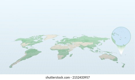 World map in perspective showing the location of the country Vanuatu with detailed map with flag of Vanuatu. Vector illustration.