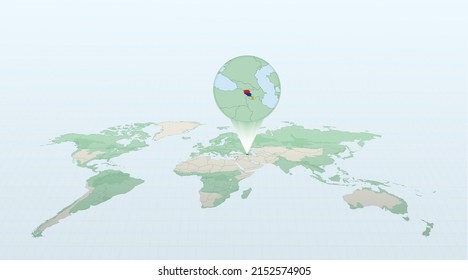Mapa mundial en perspectiva que muestra la ubicación del país Armenia con mapa detallado con bandera de Armenia. Ilustración vectorial.