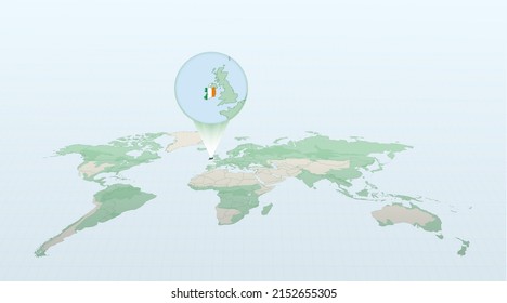Mapa mundial en perspectiva que muestra la ubicación del país Irlanda con mapa detallado con bandera de Irlanda. Ilustración vectorial.