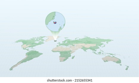 World map in perspective showing the location of the country Iceland with detailed map with flag of Iceland. Vector illustration.