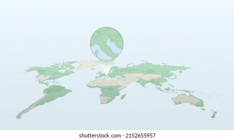 World map in perspective showing the location of the country San Marino with detailed map with flag of San Marino. Vector illustration.