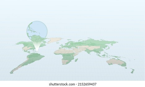 World map in perspective showing the location of the country Puerto Rico with detailed map with flag of Puerto Rico. Vector illustration.