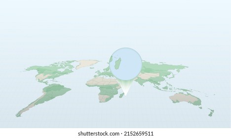 World map in perspective showing the location of the country Mauritius with detailed map with flag of Mauritius. Vector illustration.