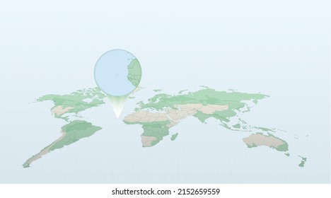 World map in perspective showing the location of the country Cape Verde with detailed map with flag of Cape Verde. Vector illustration.