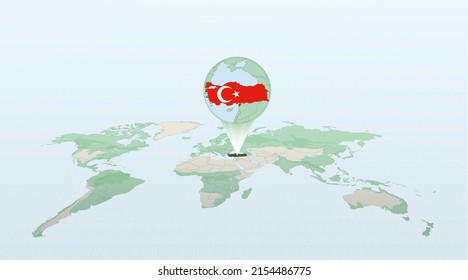 World map in perspective showing the location of the country Turkey with detailed map with flag of Turkey. Vector illustration.