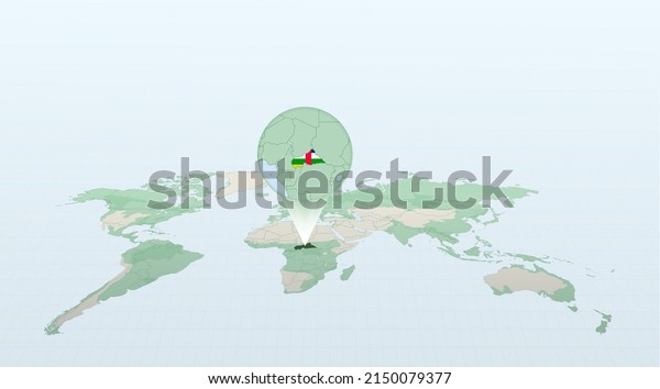 World map in perspective\
showing the location of the country Central African Republic with\
detailed map with flag of Central African Republic. Vector\
illustration.