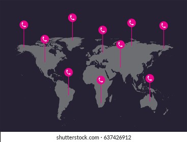 World map with phone icon flat design