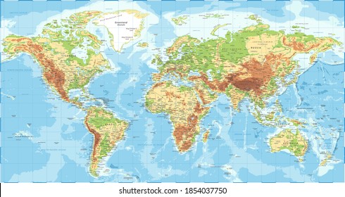 World Map - Physical Topographic - Vector Detailed Illustration