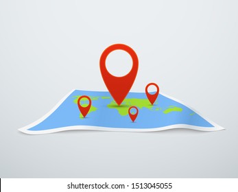 World map with pin. Earth map with location pointers in perspective. Travel technology 3d vector geolocation infographic app concept