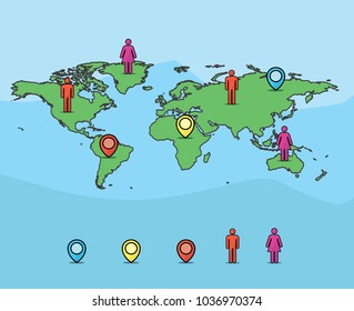 world map and pin and gender icon cartoon illustration.carton design style.designed for info graphic