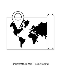 world map with pin location symbol in black and white