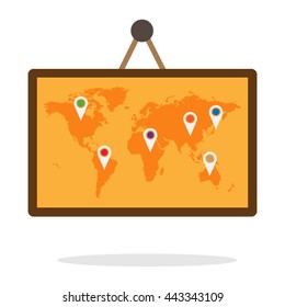 world map with pin on board
