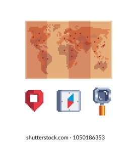 World map with pin pointer, compass and magnifier navigation concept. Design for web, mobile app, logo, sticker. 8-bit sprite. Isolated vector illustration. Game assets.
