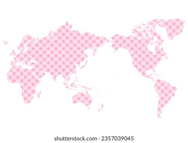 World map. Pink cherry blossom pattern on white background. Vector illustration. Simple design.