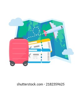 The world map is pinned to plan travel by international airlines. with luggage and plane tickets