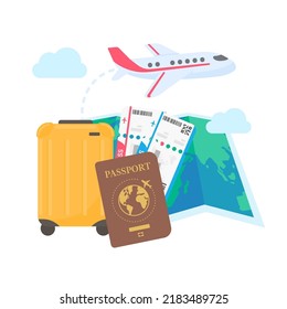 The world map is pinned to plan travel by international airlines. with luggage and plane tickets