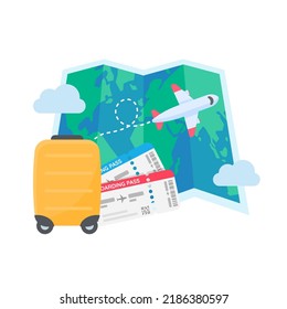 The world map is pinned to plan travel by international airlines. with luggage and plane tickets