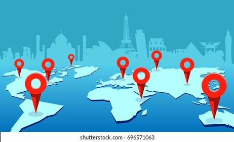 World map with pinpoint marks and landmark buildings on the background. Travel and communication concept