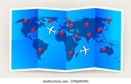 World map with pins and aircraft models