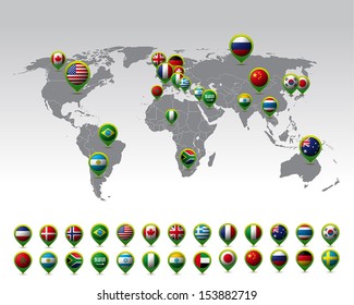world map and pins with flags vector - Powered by Shutterstock - Get 15% off with code: PIKWIZARD15