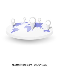 World map with pins isolated on white background