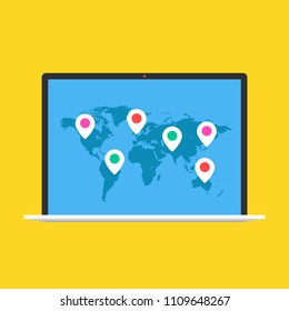 World map with pins. Laptop with map and tacks on screen. Modern flat design graphic elements. Vector illustration
