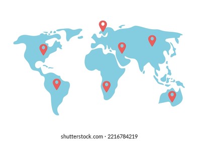 Mapa del mundo con pins elemento vector de color semiplano. Planificación de viajes. Elemento editable de tamaño completo en blanco. Contratistas independientes ilustraciones simples de estilo de caricatura para diseño gráfico web y animación