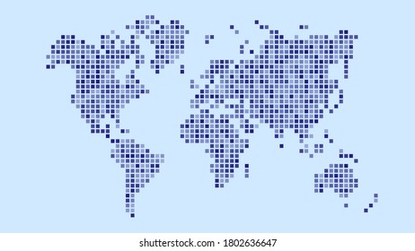World map pixel design on blue background , Vector image . 