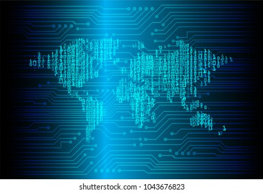 world map pixel vector binary circuit board future technology, blue cyber security concept background, abstract hi speed digital internet.