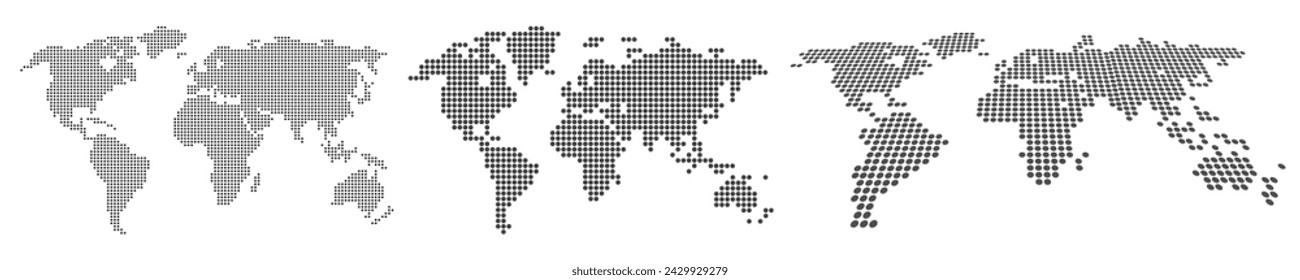 World Map with pixels, three map of the world from dots - vector