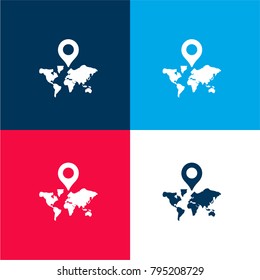 World map with a placeholder four color material and minimal icon logo set in red and blue