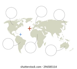 World map and plane or aircraft in vector
