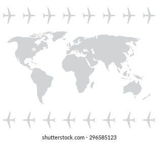 World Map And Plane Or Aircraft In Vector