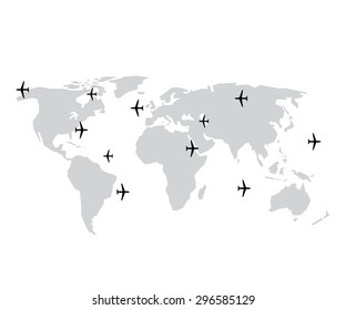 World map and plane or aircraft in vector