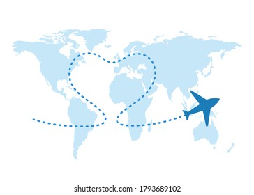 World map and plane flight. Airplane flying and leave dashed trace line. Love travel concept. Airplane path with heart shaped trail line. Vector illustration
