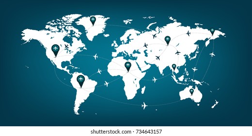world map plane logistic in blue print network World map a plane transportation White and blue