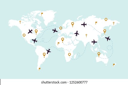 World map plane tracks. Aviation track path on world map, airplane route line and travel routes or itinerary pathway. Aircraft planes fly air transportation track vector illustration