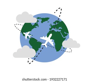 World map plane tracks. Aviation track path on world map, airplane route line and travel routes or itinerary pathway. planes fly air transportation vector illustration.