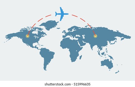 World map with plane. Travel and tourism concept. Airplane route. Vector illustration. 