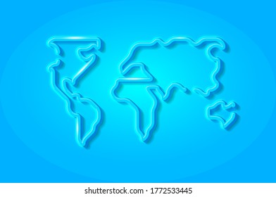 World map, planet, continents glowing 3D symbol, card template. Realistic vector illustration. Blue background.