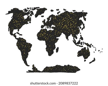 World map with planets mainlands in graphic black silhouette, flat vector illustration isolated on white background. Globe planet map or continents atlas.