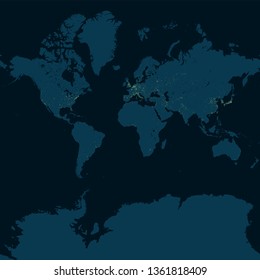 World map, planisphere with prominent urban areas. Night view of the earth. Satellite view of the cities illuminated in the night